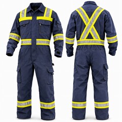 Fototapeta premium High-visibility industrial coverall with reflective safety stripes front and back view