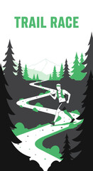 Fototapeta premium Energetic Runner Navigating Mountain Trail Race Course Against Forest Landscape Backdrop