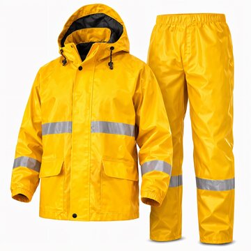 High-visibility yellow rain suit with reflective stripes jacket and pants