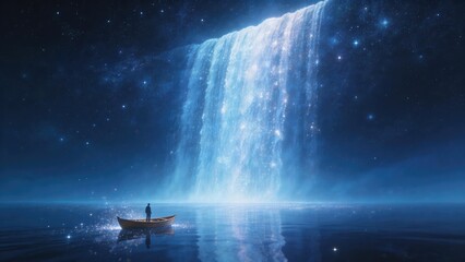 Naklejka premium Lone traveler standing in small boat beneath a glowing cosmic waterfall falling from the starry sky into calm ocean, surreal fantasy night landscape with reflections, idea for dream imagination