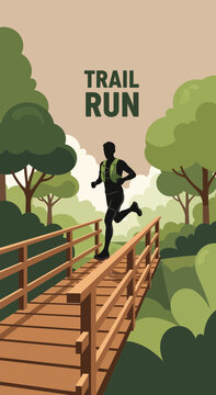 Energetic Runner Traversing Wooden Bridge Amidst Lush Forest For Trail Run Advertisement