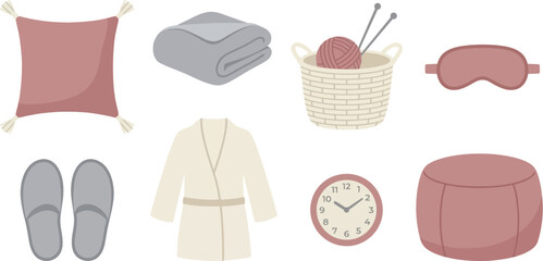 Relaxation textile elements with tasseled pillow fleece blanket knitting basket sleep mask house slippers bathrobe bedside clock upholstered pouf in dusty rose soft grey ivory for cozy design © Madhuka Disanayaka
