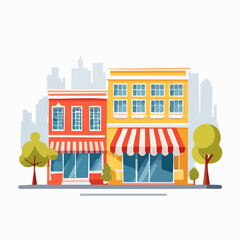 Naklejka premium Vibrant Street View with Colorful Shops and Small Businesses in a Modern City Scene, Flat Design Illustration