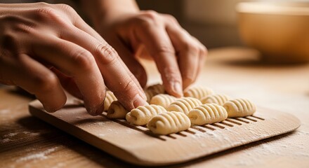 Hands making ridged gnocchi pasta shapes on a wooden board at home