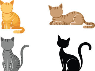 Obraz premium A charming collection of four distinct cartoonstyle domestic cats in various colors and relaxed poses isolated for versatility