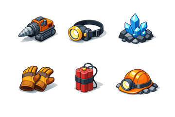 Naklejka premium Set of mining equipment icons including drill machine, headlamp, crystal ore, work gloves, dynamite bundle, and hardhat with light on white background