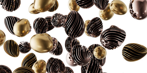 Artistic rendering of abstract eggs with gold and black stripes floating against a white backdrop, perfect for design.