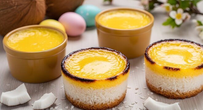 Brazilian Easter quindim coconut custard baked golden in ramekins classic holiday dessert sweet