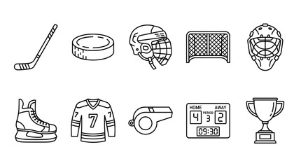 Fototapeta premium A collection of stylized black and white line icons representing various ice hockey equipment and symbols of victory, suitable for sports-related designs.