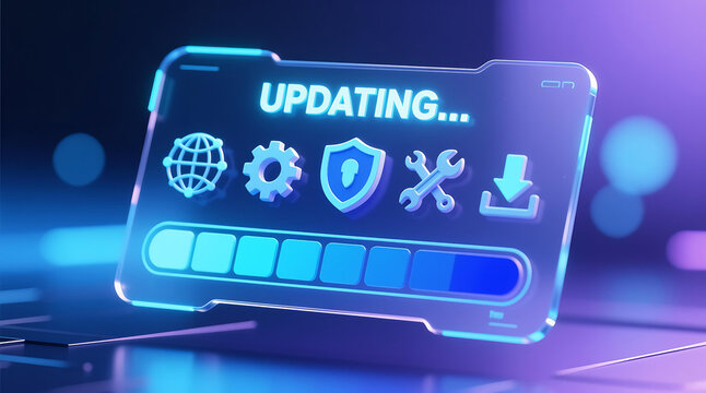 Digital interface displays software update progress bar with icons for security and download