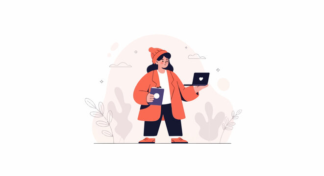 Cartoon character with laptop and tablet against a light background with abstract shapes and plants