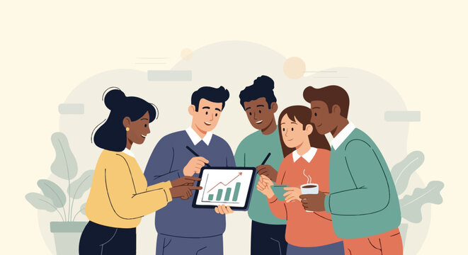 Diverse team collaborates on a tablet displaying a growing chart, fostering discussion and teamwork