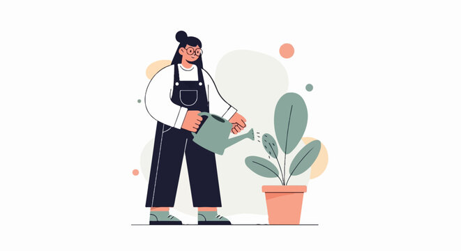 A person wearing overalls waters a potted plant with a watering can, set against a minimalist background with circles
