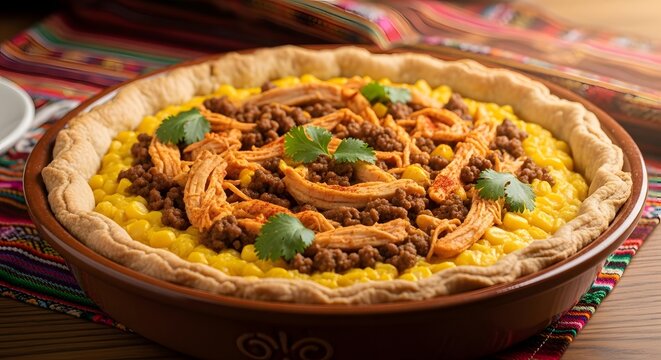 Peruvian Easter tarta de choclo corn chicken ground beef sweet savory pie with golden crust