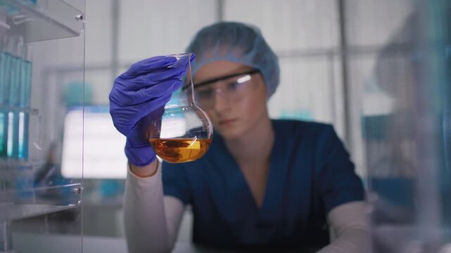 Female researcher preparing a new type of enriched bio fuel. Holding a glass flask with orange liquid to the camera. Selective focus