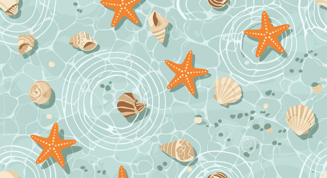 Seamless top-down pattern of seashells and starfish in calm turquoise water with gentle ripples creating a serene beach vibe.