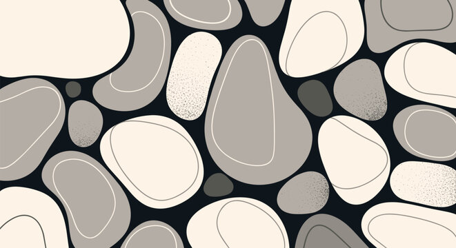 Abstract seamless pattern of smooth overlapping stones or pebbles in neutral gray tones with a subtle grain texture effect.