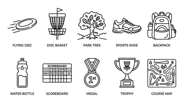 A clean, black and white line art set of icons representing disc golf elements like a flying disc, basket, course map, and trophy.
