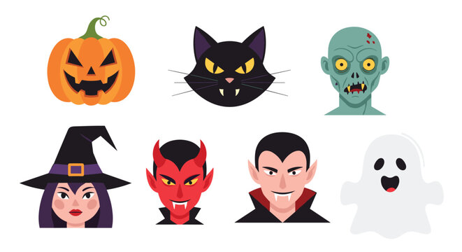 Set of seven flat design Halloween character icons including a pumpkin cat zombie witch devil vampire and a ghost.