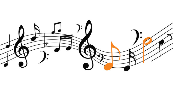 Flowing musical staff with black notes and clefs featuring a few bright orange notes to highlight a specific melody or concept.