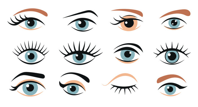 A collection of twelve different cartoon female eyes showing various shapes expressions long lashes and colorful eyebrows.
