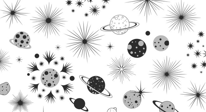 A seamless black and white pattern featuring retro-style planets stars and starbursts in a whimsical mid-century modern design.