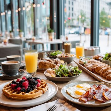 Bright Morning Breakfast Table with Waffles Fruits Croissants Eggs Bacon Juices and Coffee in Cozy Cafe