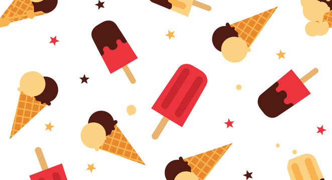 A fun and colorful seamless pattern of cartoon ice cream cones and popsicles with stars scattered on a clean white background.