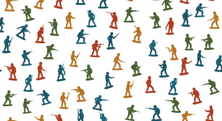 Fototapeta premium A seamless repeating background pattern of colorful plastic toy soldiers in classic military poses on a clean white backdrop.