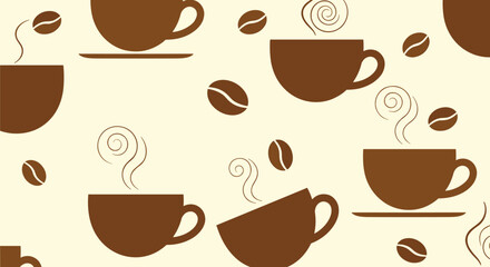 Obraz premium A seamless repeating pattern of brown coffee cups with steam and roasted coffee beans on a warm light beige background design.