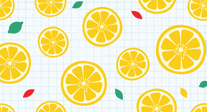 A fresh and cheerful seamless pattern of bright yellow lemon slices and colorful leaves on a light blue checkered background.