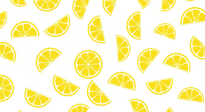 A simple and refreshing seamless pattern of bright yellow lemon slices and wedges scattered across a clean white background design.