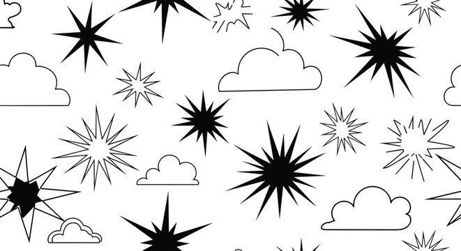 A seamless black and white pattern of dynamic comic book style explosions starbursts and fluffy clouds on a white background.