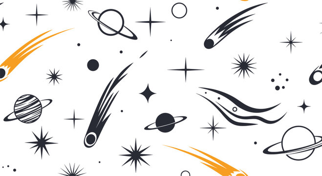 A dynamic and seamless outer space pattern with stylized comets planets and stars in a retro black white and orange color scheme.