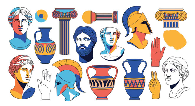 A vibrant collection of ancient Greek sculptures columns and artifacts reimagined in a modern pop art style with bold colors.