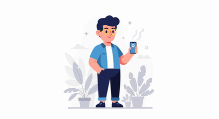 Obraz premium Casual guy in blue shirt holding a smartphone with plants behind