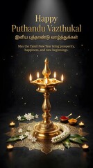 Fototapeta premium Happy puthandu vazthukal traditional indian tamil new year celebration with lit diya lamp flowers