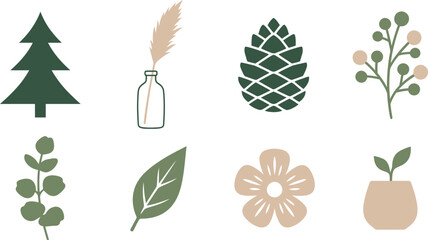 Nordic nature-inspired botanical elements with spruce tree pampas grass pinecone eucalyptus stem wood-cut flower ceramic sprout in moss green pine soft beige for Scandinavian botanical design © Madhuka Disanayaka