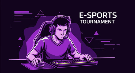 Fototapeta na wymiar Esports Gamer Participating In Online Tournament Playing With Keyboard And Mouse.