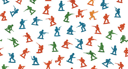 Fototapeta premium A seamless background pattern of classic colorful toy soldiers in various action poses scattered on a clean white backdrop.