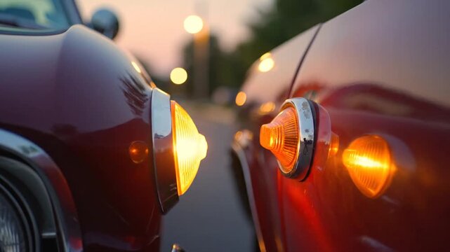Vintage Car Turn Signals Glowing in Dusk