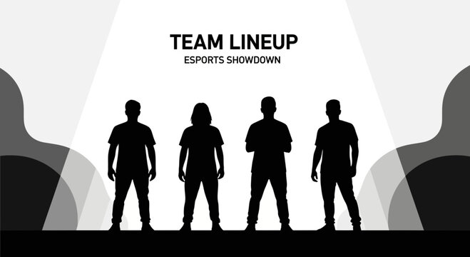 Esports Team Lineup Silhouettes Against a Dynamic Backdrop, Ready for Competition