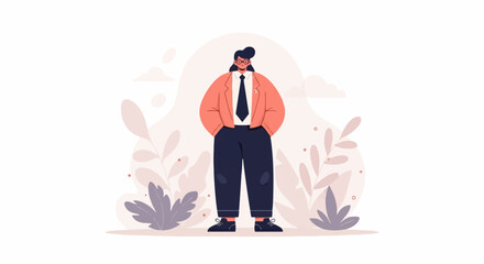 A person in a suit and tie stands confidently amidst abstract floral shapes and soft clouds © Reva