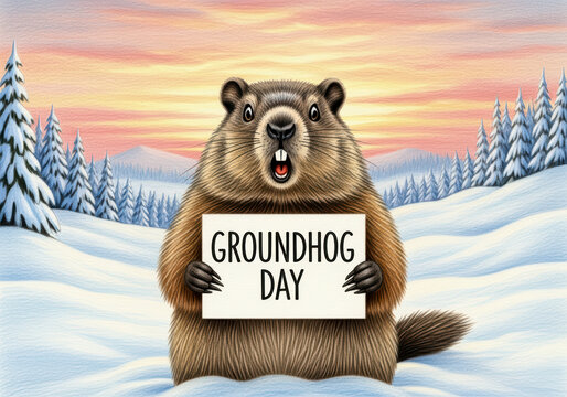 Groundhog Marmota monax illustration with Groundhog Day sign, concept of cheerfulness and seasonal awakening
