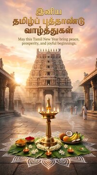 Happy puthandu vazthukal tamil new year celebration with traditional lamp temple and offerings