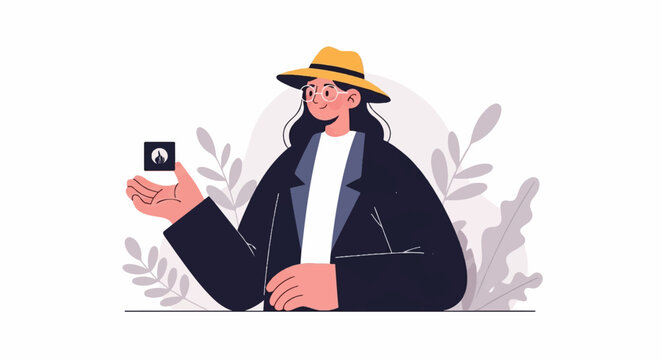 A person in a hat and glasses holds a small square icon with a flame