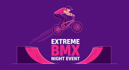 Fototapeta premium Extreme BMX Night Event Illustration Depicting Stunt Action on Purple Background