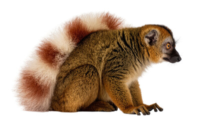 Fototapeta premium Isolated adorable brown lemur with distinctive bushy banded tail sitting in profile, wild primate.