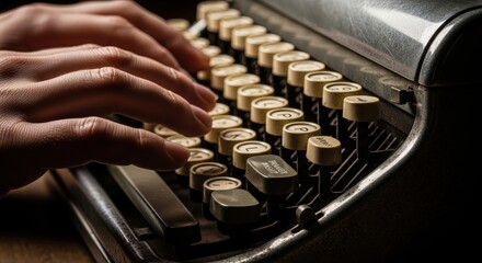 Nostalgic writer hitting the keys of an old typewriter with inspiration and passion
