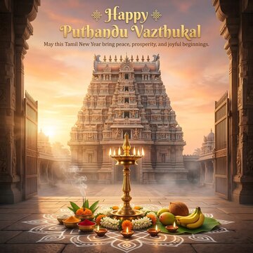 Happy puthandu vazthukal tamil new year celebration with temple and traditional decorations